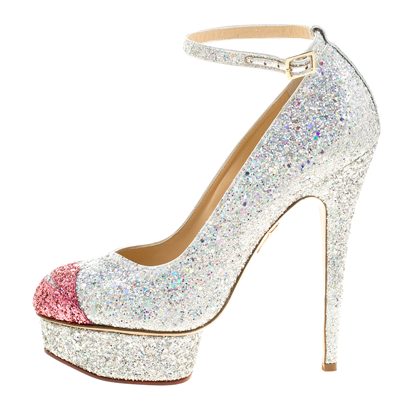 

Charlotte Olympia Two Tone Glitter Kiss Me Dolores! Ankle Strap Platform Pumps Size, Metallic