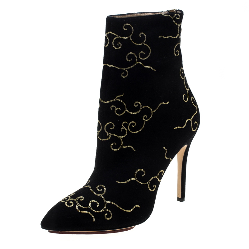 Pre Owned Charlotte Olympia Black Embroidered Suede Betsy Pointed Toe Ankle Boots Size 37.5