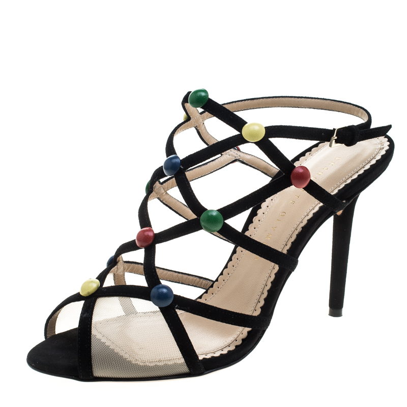 Pre Owned Charlotte Olympia Black Suede and Mesh Spot On Multicolor Stud Embellished Cut Out Sandals Size 40