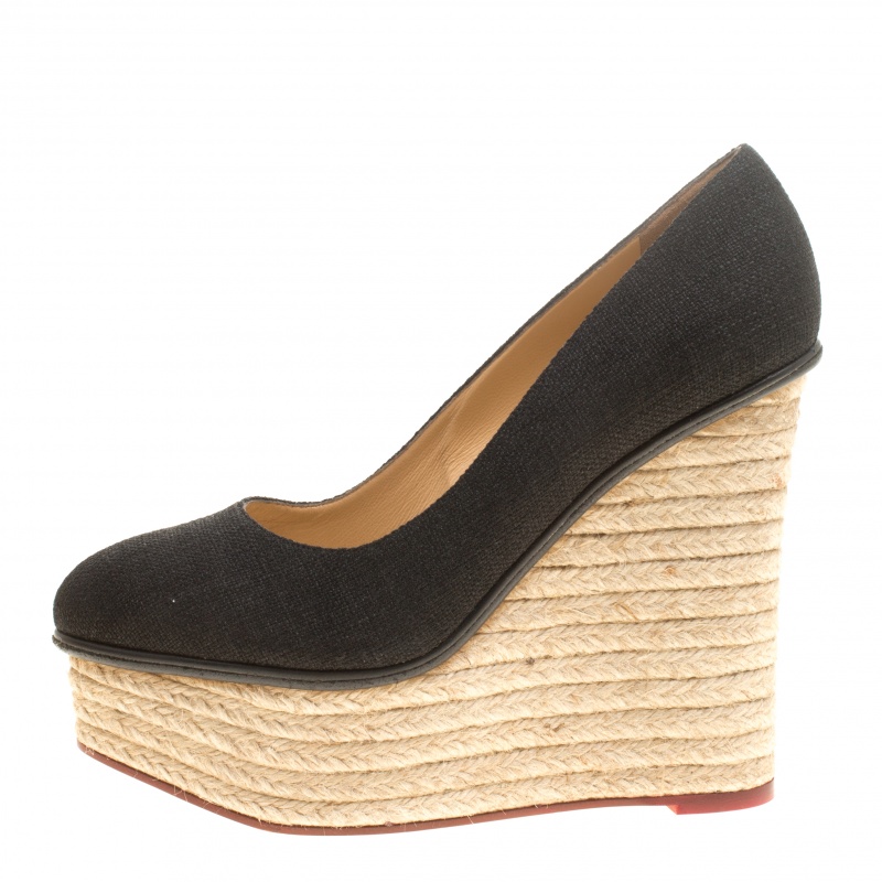 

Charlotte Olympia Black Canvas Carmen Espadrille Platform Wedge Pumps Size