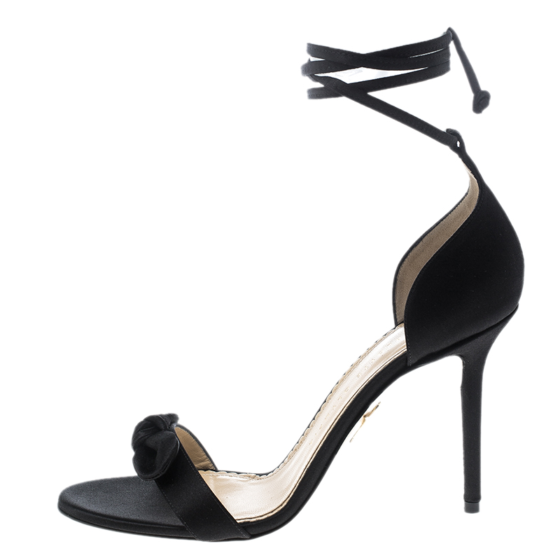 

Charlotte Olympia Black Satin Shelley Bow Embellished Ankle Wrap Sandals Size
