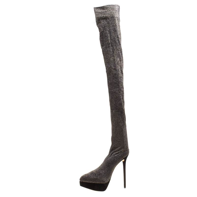 

Charlotte Olympia Black Glitter Jersey More Is More Thigh High Platform Boots Size