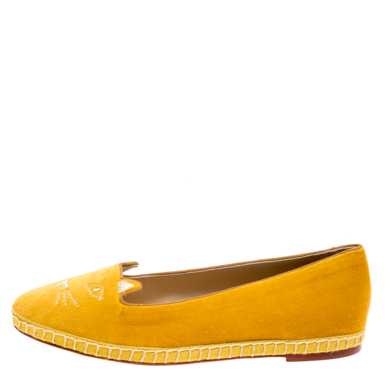 

Charlotte Olympia Yellow Cotton Velvet Kitties Capri Cat Flats Size
