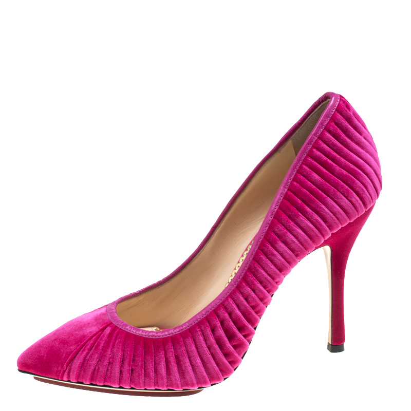 

Charlotte Olympia Pink Pleated Velvet Bacall Pointed Toe Pumps Size