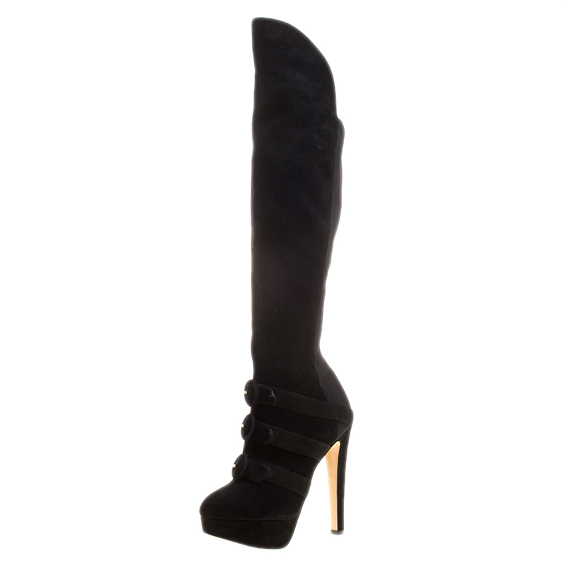 Charlotte Olympia Black Suede Alda Over The Knee Platform Boots Size 37