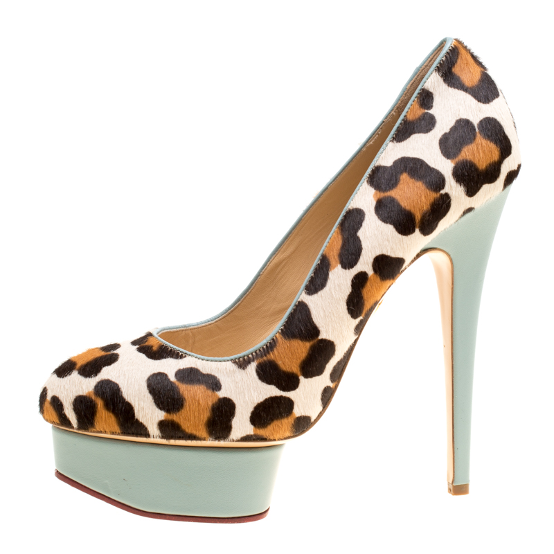 

Charlotte Olympia Beige Leopard Print Calf Hair Polly Platform Pumps Size