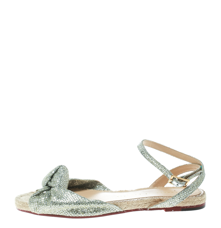 

Charlotte Olympia Metallic Silver Glitter Fabric Marina Knot Ankle Strap Flat Sandals Size
