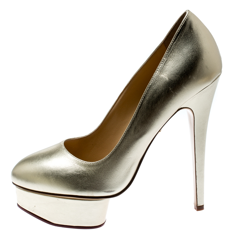 

Charlotte Olympia Metallic Gold Leather Dolly Platform Pumps Size