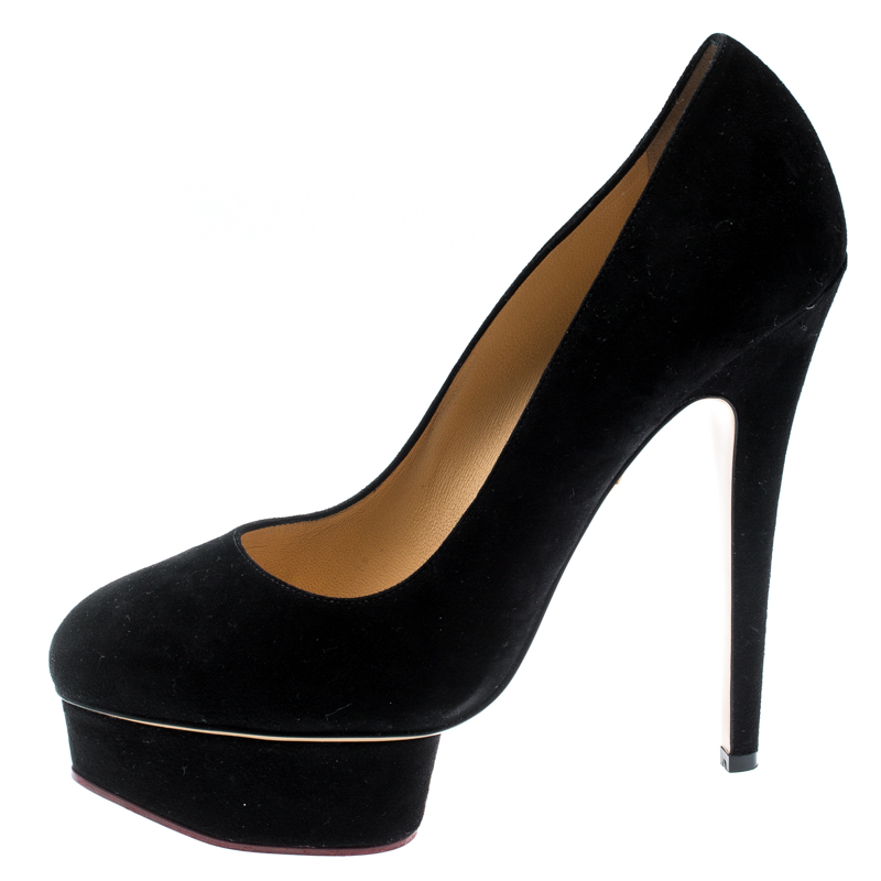 

Charlotte Olympia Black Suede Dolly Platform Pumps Size