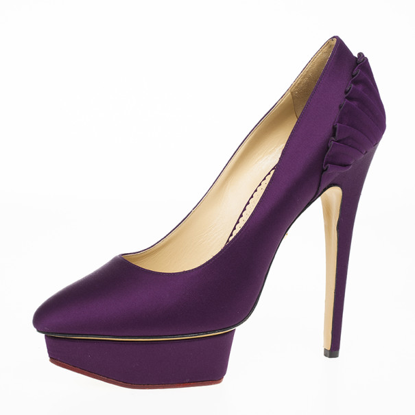Pre Owned Charlotte Olympia Purple Paloma Fan-pleat Satin Pumps Size 41