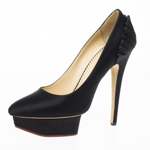 Pre Owned Charlotte Olympia Black Paloma Fan-pleat Satin Pumps Size 39.5