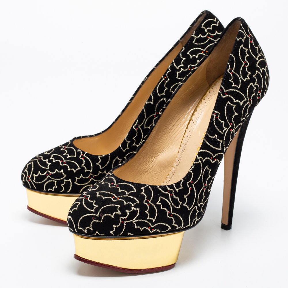 

Charlotte Olympia Black Suede Midnight Dolly Bat Embroidered Platform Pumps Size