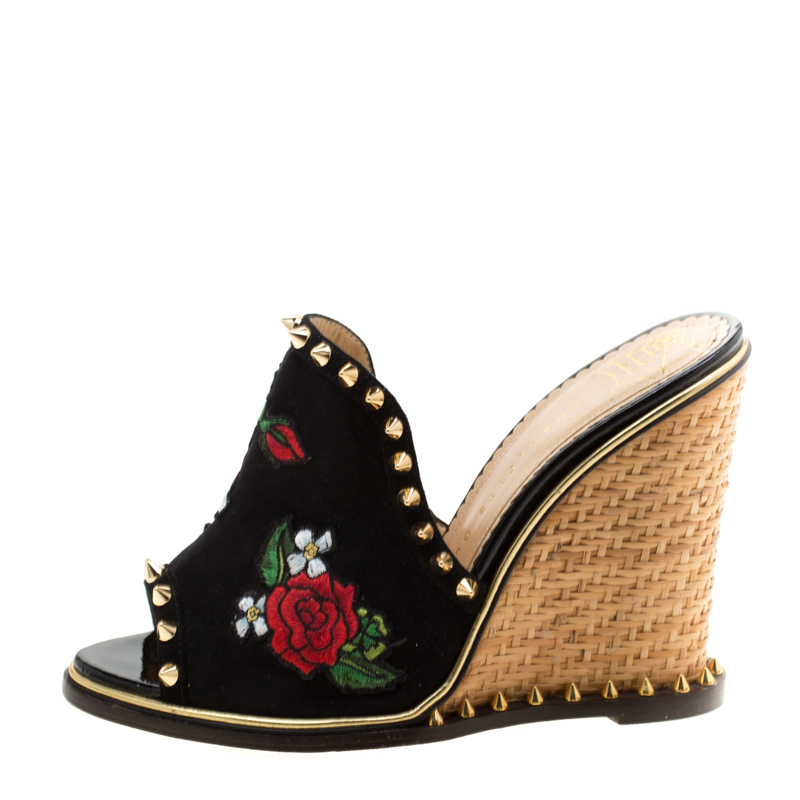 

Charlotte Olympia Black Suede Floral Embroidered Gail Spike Studded Wedge Slides Size