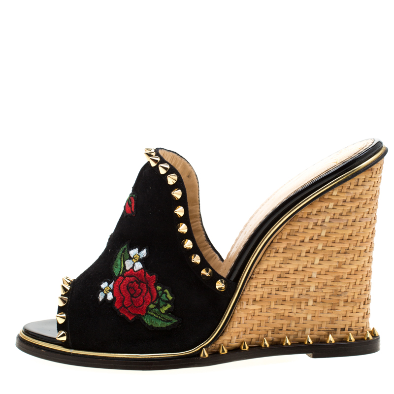 

Charlotte Olympia Black Suede Gail Embroidered Open Toe Wedge Sandals Size