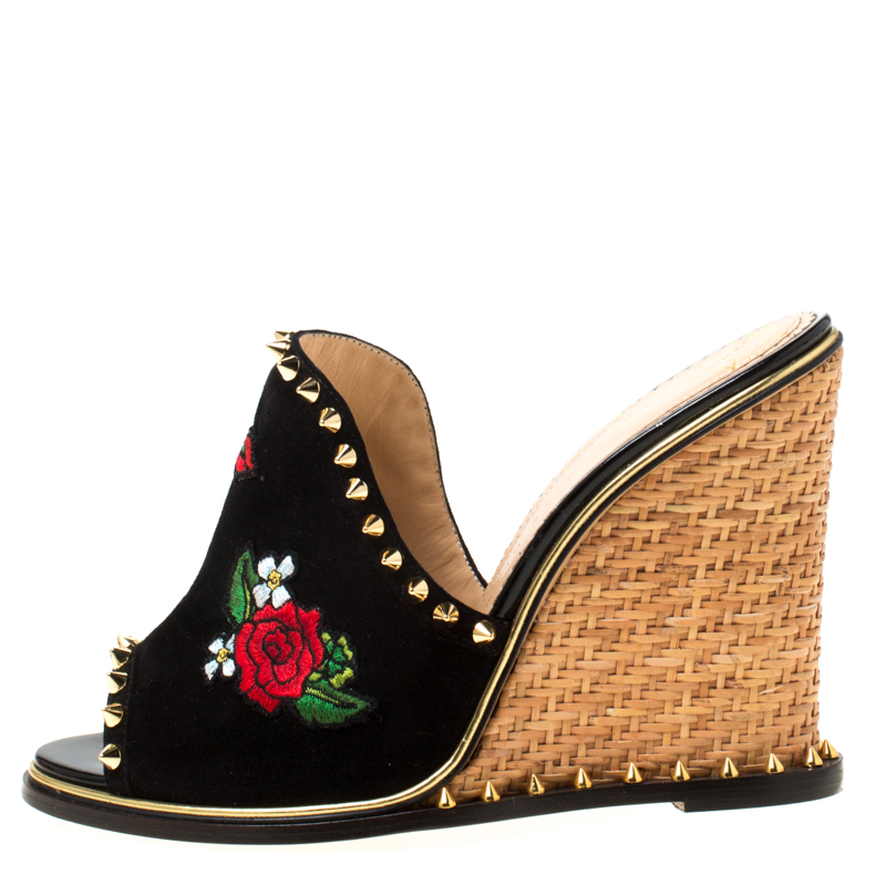 

Charlotte Olympia Black Suede Gail Floral Embroidered Open Toe Wedge Sandals Size