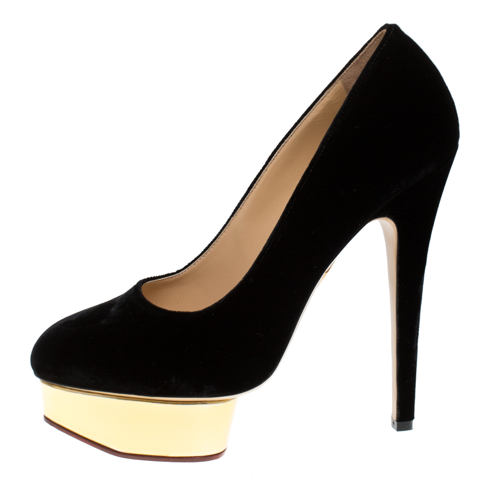 

Charlotte Olympia Black Velvet Dolly Platform Pumps Size