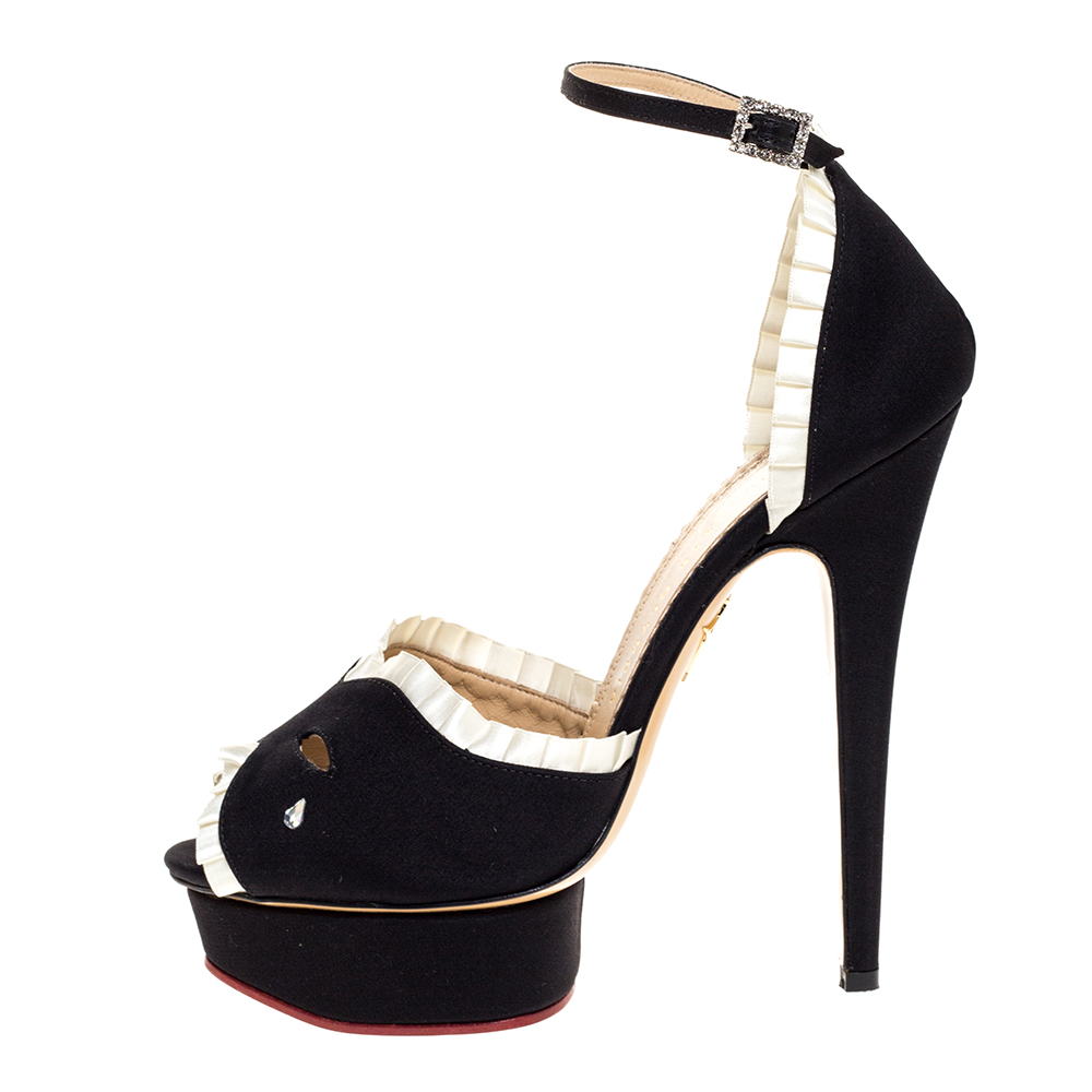 

Charlotte Olympia Black/White Satin Masquerade Ankle Strap Platform Sandals Size