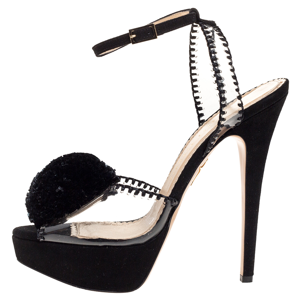 

Charlotte Olympia Black Suede Leather And PVC Platform Ankle Strap Sandals Size