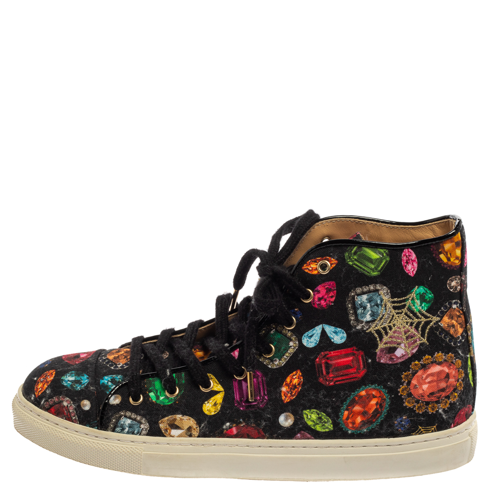 

Charlotte Olympia Multicolor Jewel Print Canvas High Top Sneakers Size