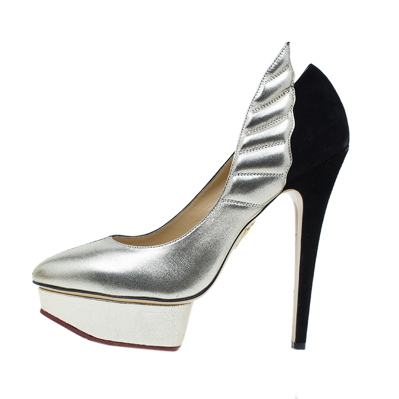 

Charlotte Olympia Two Tone Leather Mercury Platform Pumps Size, Black