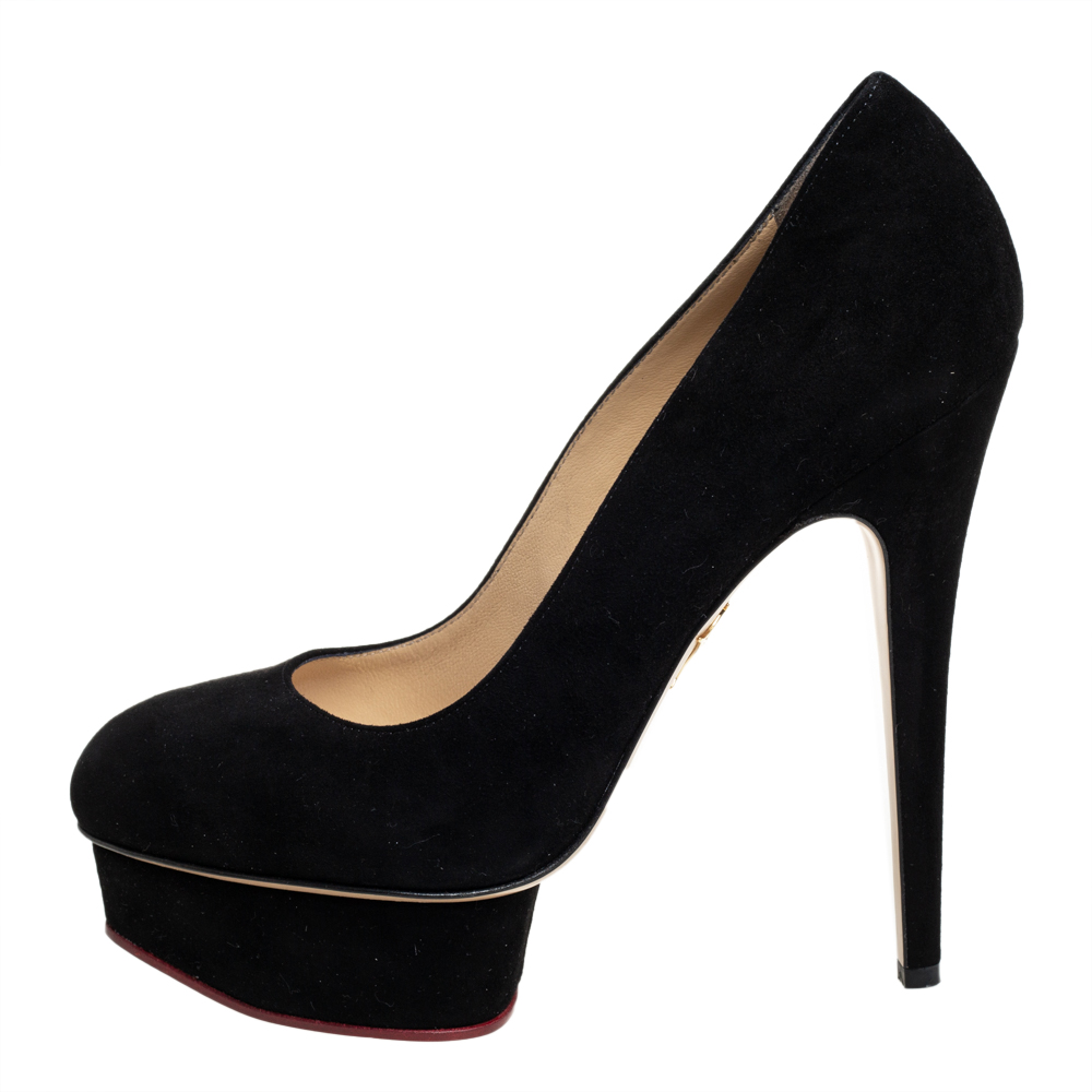 

Charlotte Olympia Black Suede Dolly Platform Pumps Size