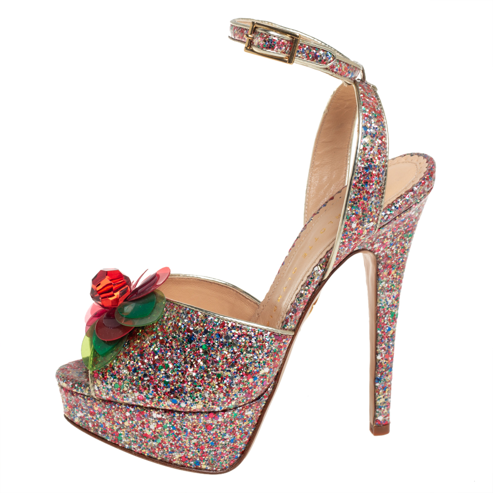 

Charlotte Olympia Multicolor Coated Glitter Sabrina Cherry Leaf Platform Ankle Strap Sandals Size