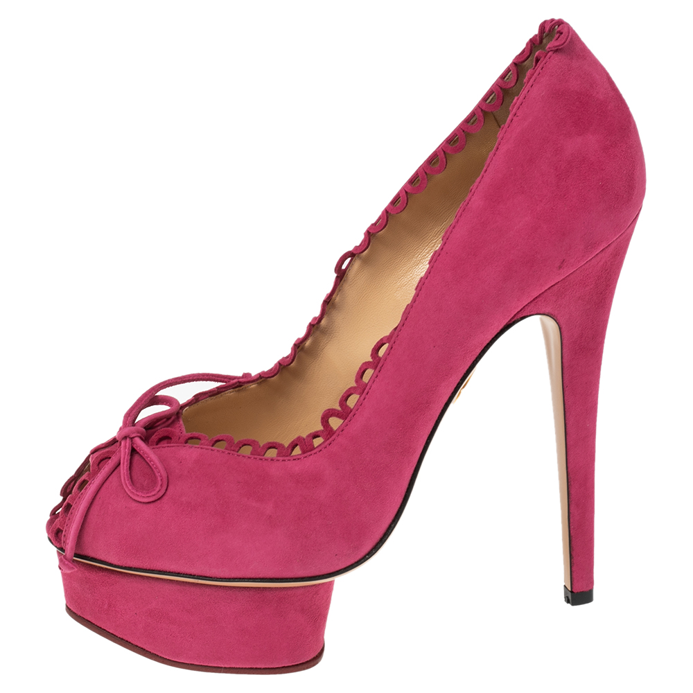 

Charlotte Olympia Pink Suede Daphine Platform Pumps Size