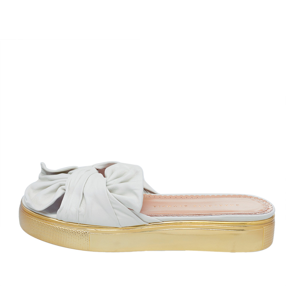 

Charlotte Olympia White Leather Poolside Bow Detail Platform Slides Size