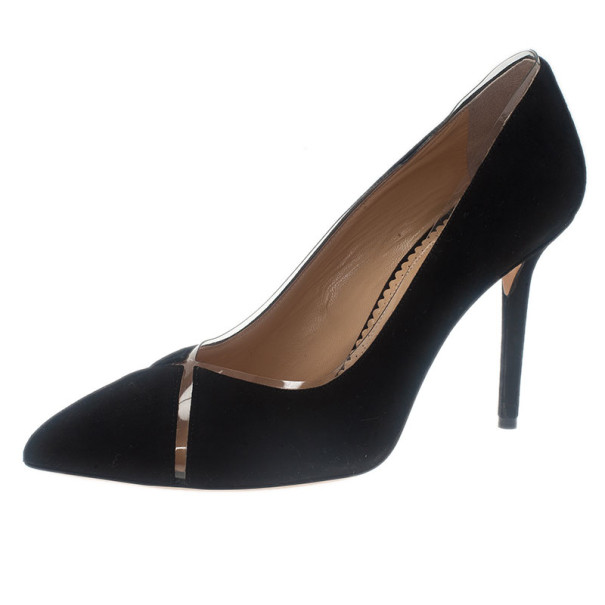Pre Owned Charlotte Olympia Black Suede PVC Trimmed Natalie Pumps Size 40
