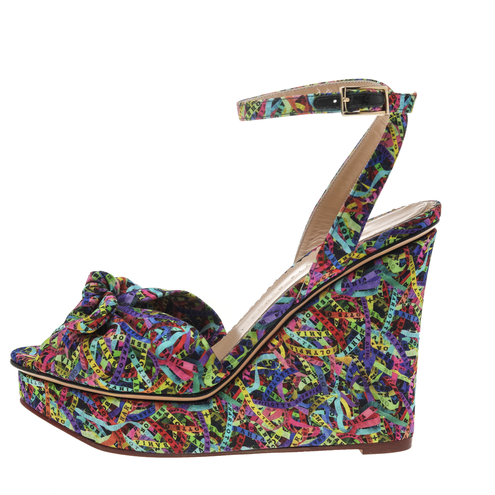 

Charlotte Olympia Multicolor Printed Fabric Wedge Platform Ankle Strap Sandals Size