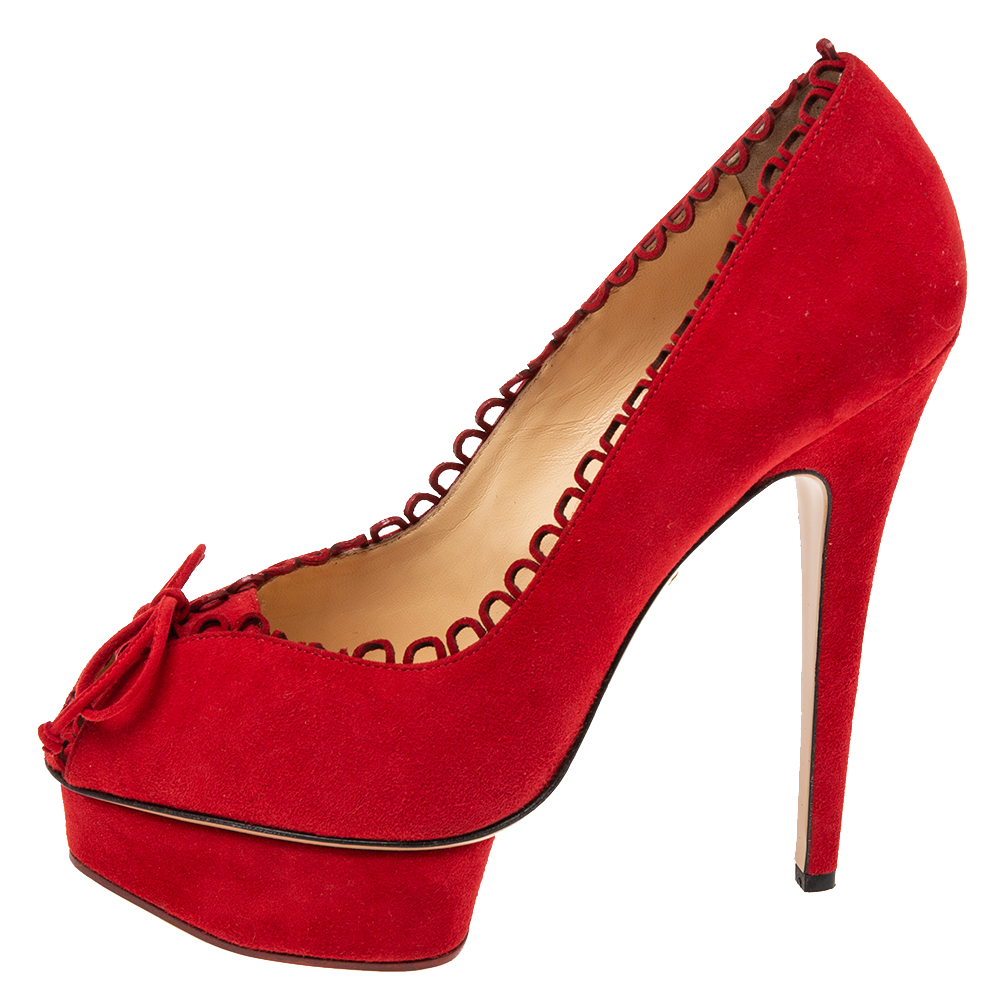 

Charlotte Olympia Red Suede Daphne Scalloped Platform Pumps Size