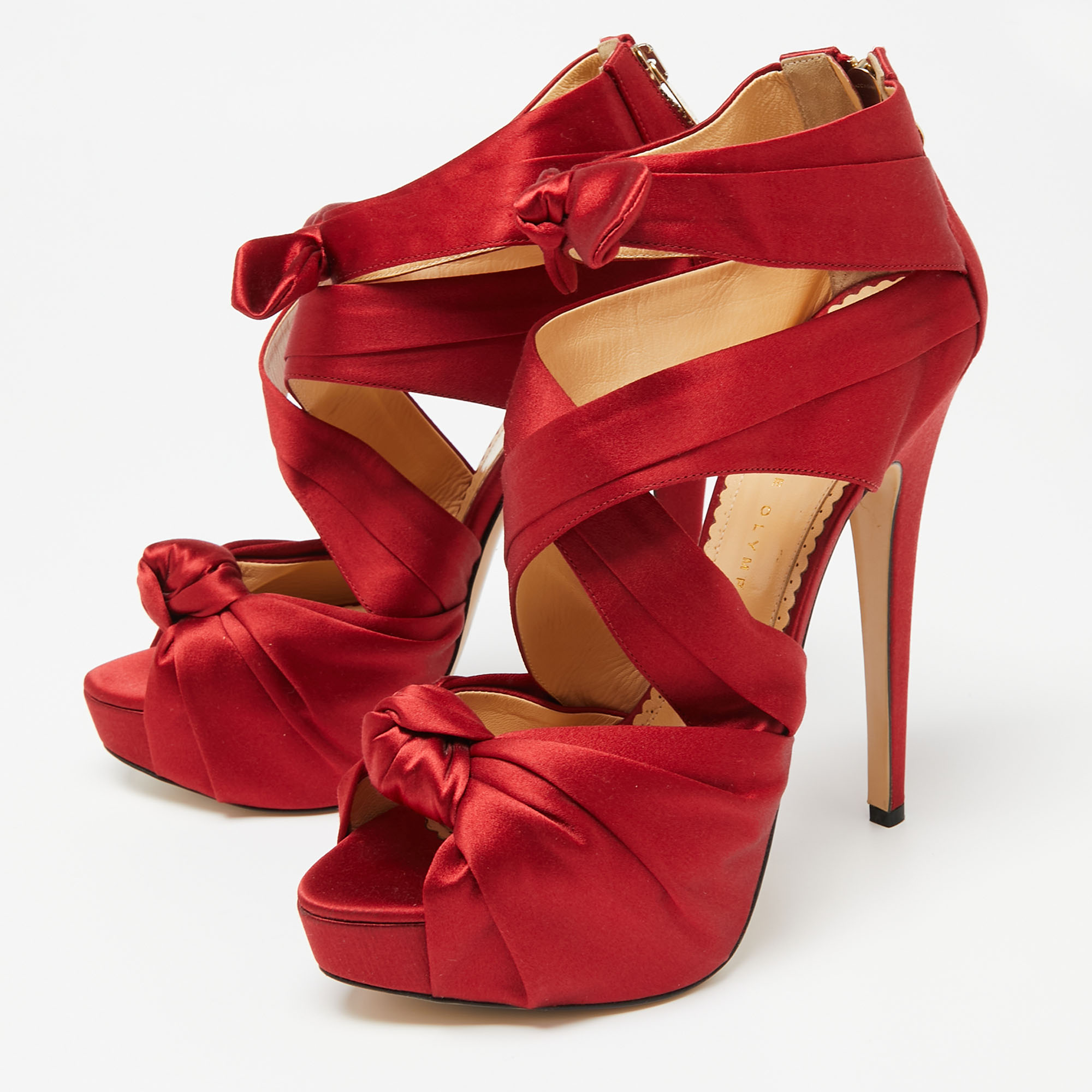

Charlotte Olympia Red Satin Andrea Cross-Strap Knotted Sandals Size