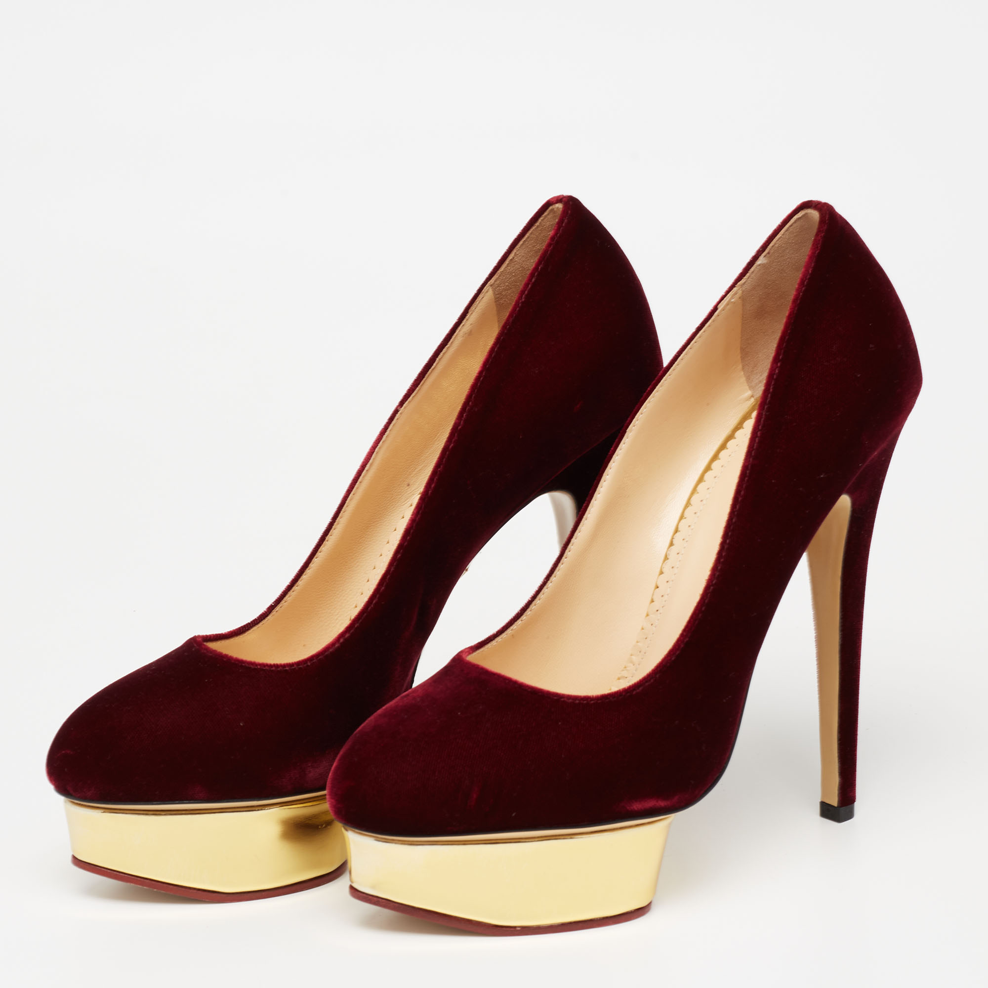 

Charlotte Olympia Burgundy Velvet Dolly Platform Pumps Size