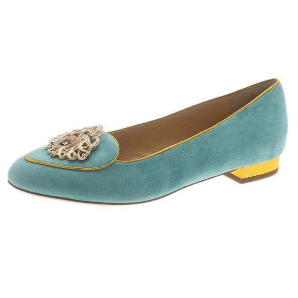 Pre Owned Charlotte Olympia Light Blue Suede Gemini Smoking Slippers Size 39.5