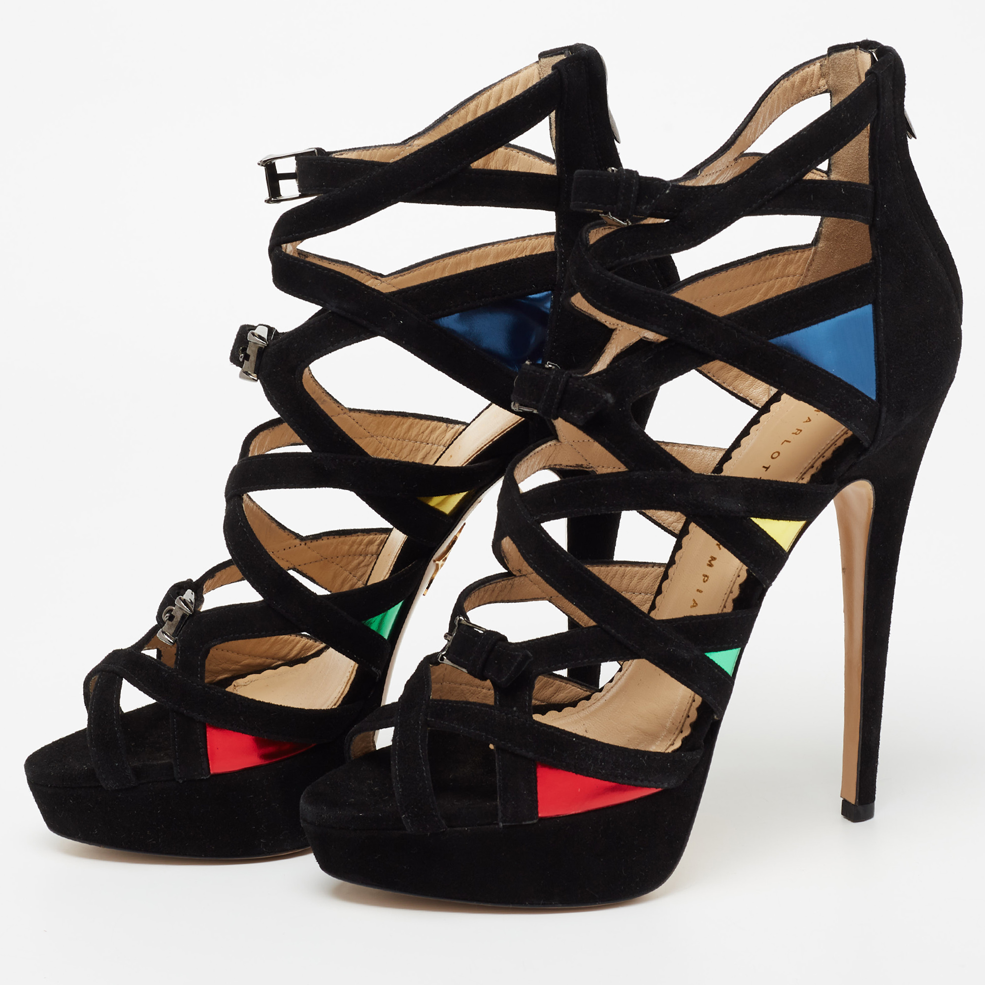 

Charlotte Olympia Multicolor Suede And Leather Elvira Strappy Platform Sandals Size