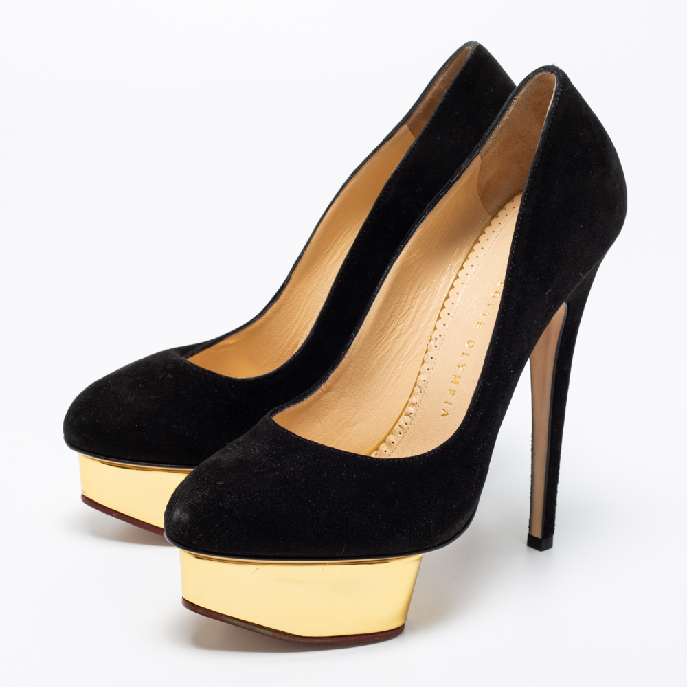 

Charlotte Olympia Black Suede Dolly Platform Pumps Size