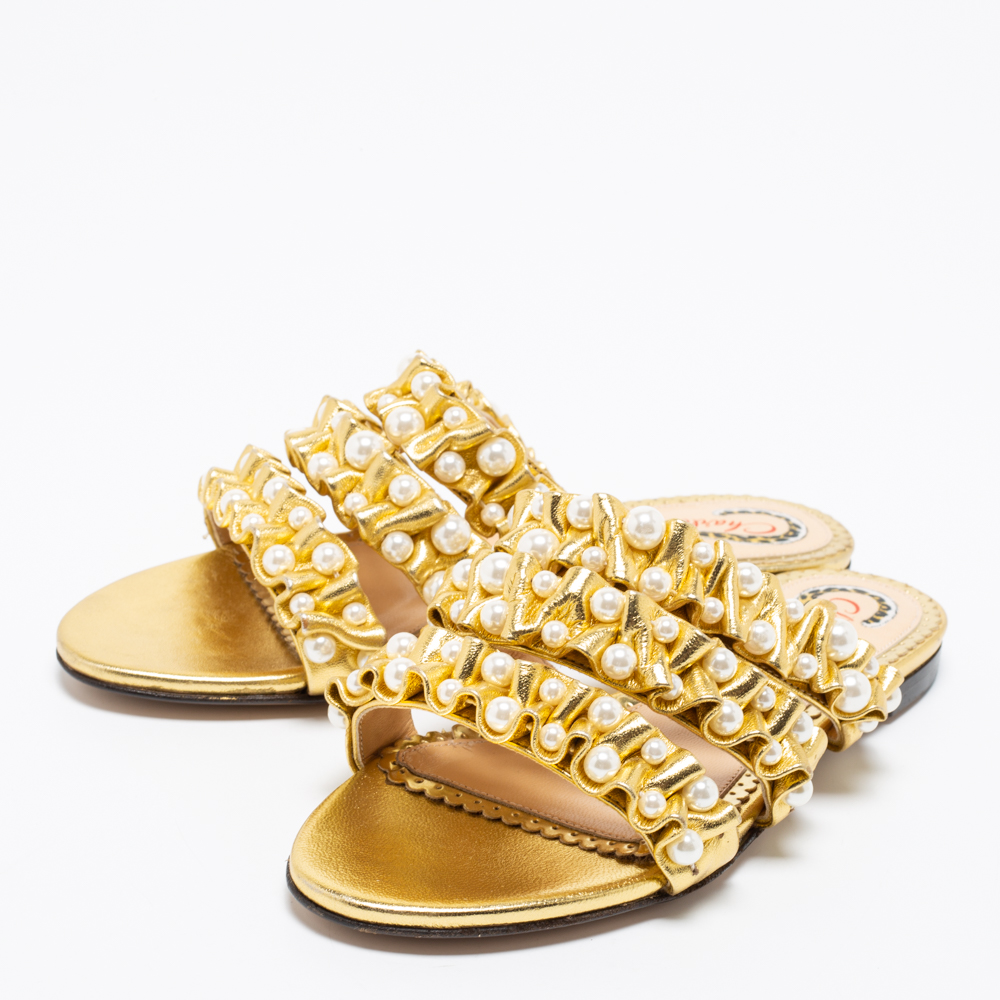 

Charlotte Olympia Gold Leather Celina Pearl Embellished Flat Sandals Size