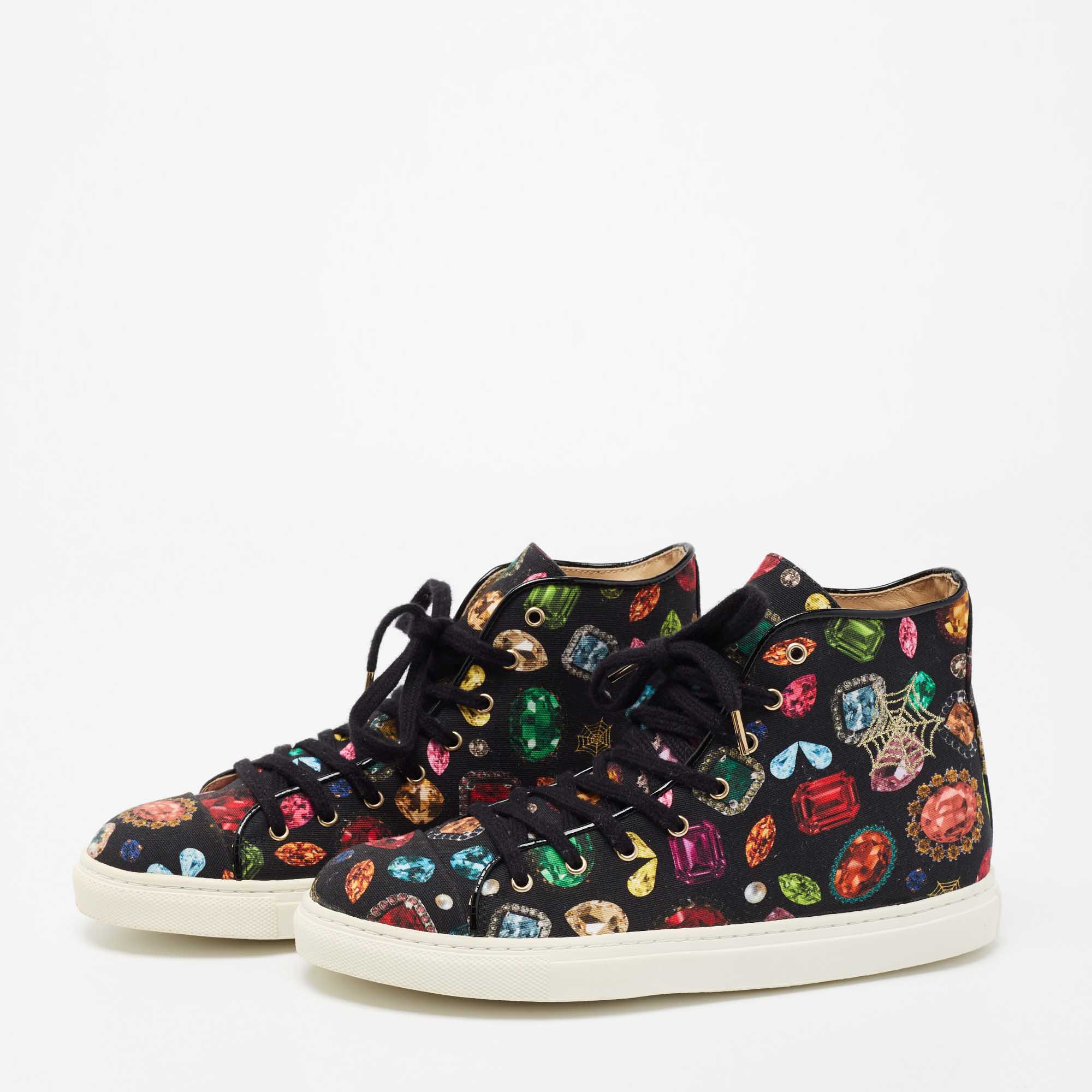 

Charlotte Olympia Multicolor Jewel Print Canvas High Top Sneakers Size