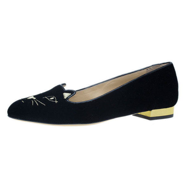 Pre Owned Charlotte Olympia Black Kitty Embroidered Velvet Flats Size 39