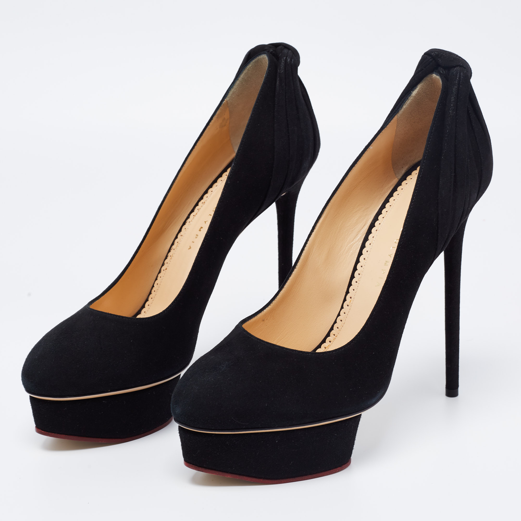 

Charlotte Olympia Black Suede Dolly Pumps Size
