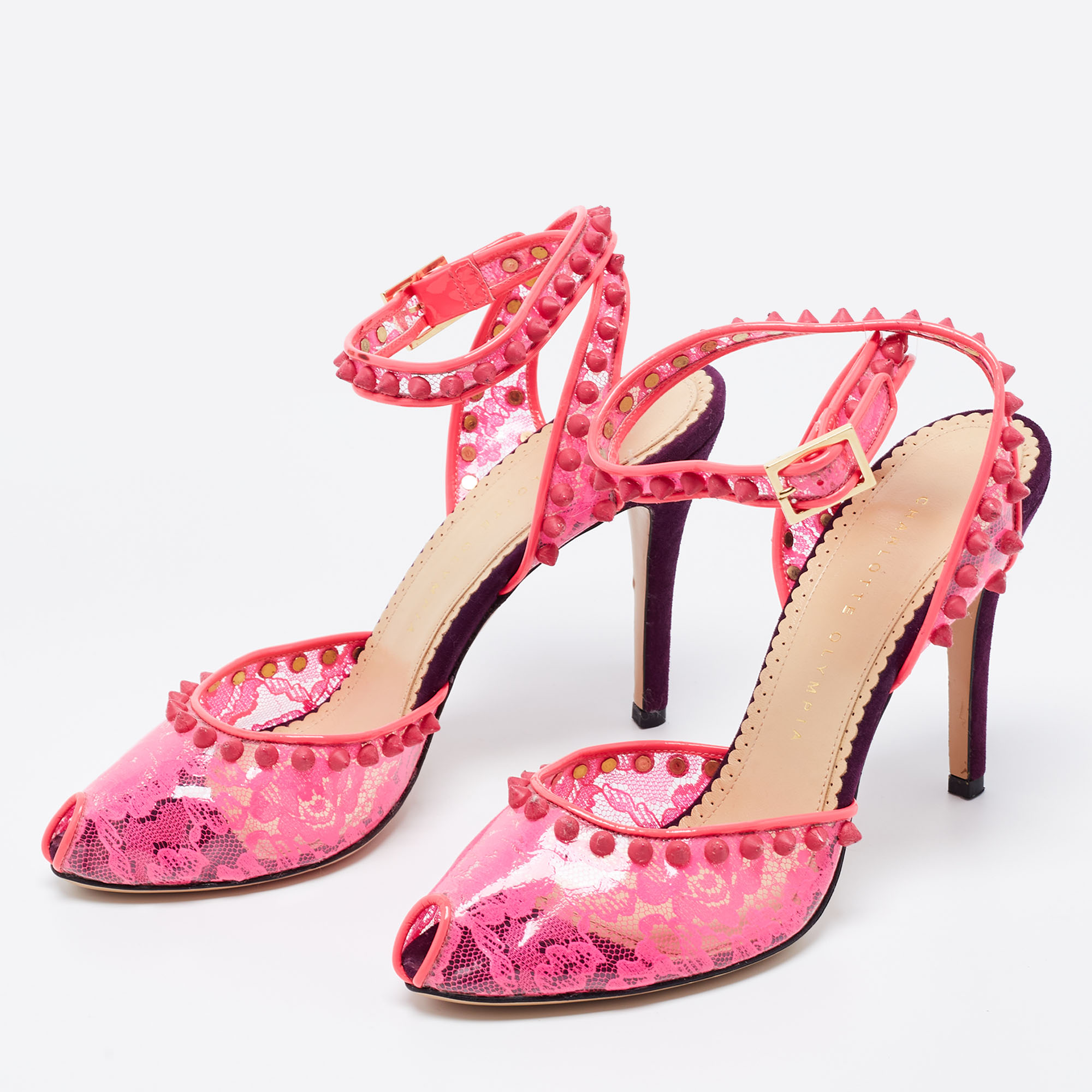 

Charlotte Olympia Pink PVC Soho Studded Ankle Strap Pumps Size