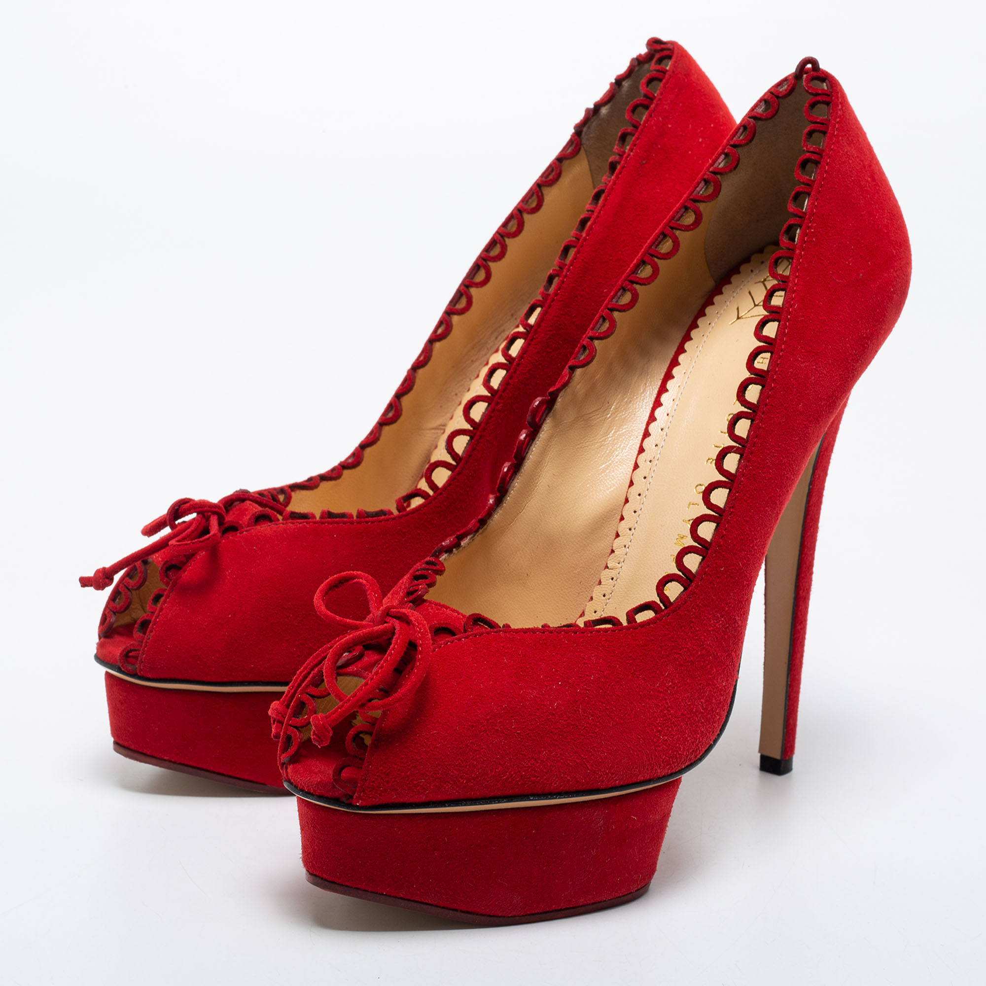 

Charlotte Olympia Red Suede Daphne Scalloped Trim Peep Toe Platform Pumps Size