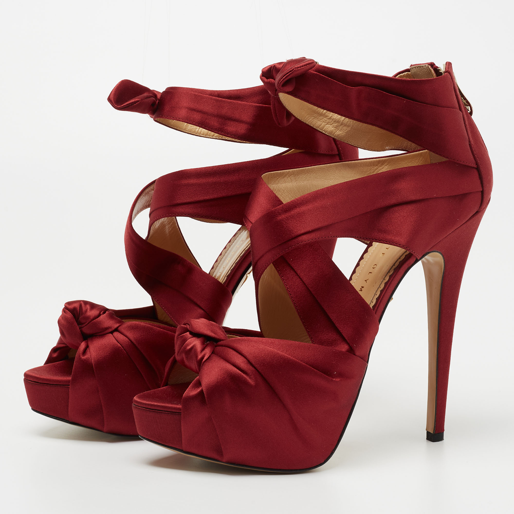 

Charlotte Olympia Red Satin Knotted Andrea Platform Sandals Size