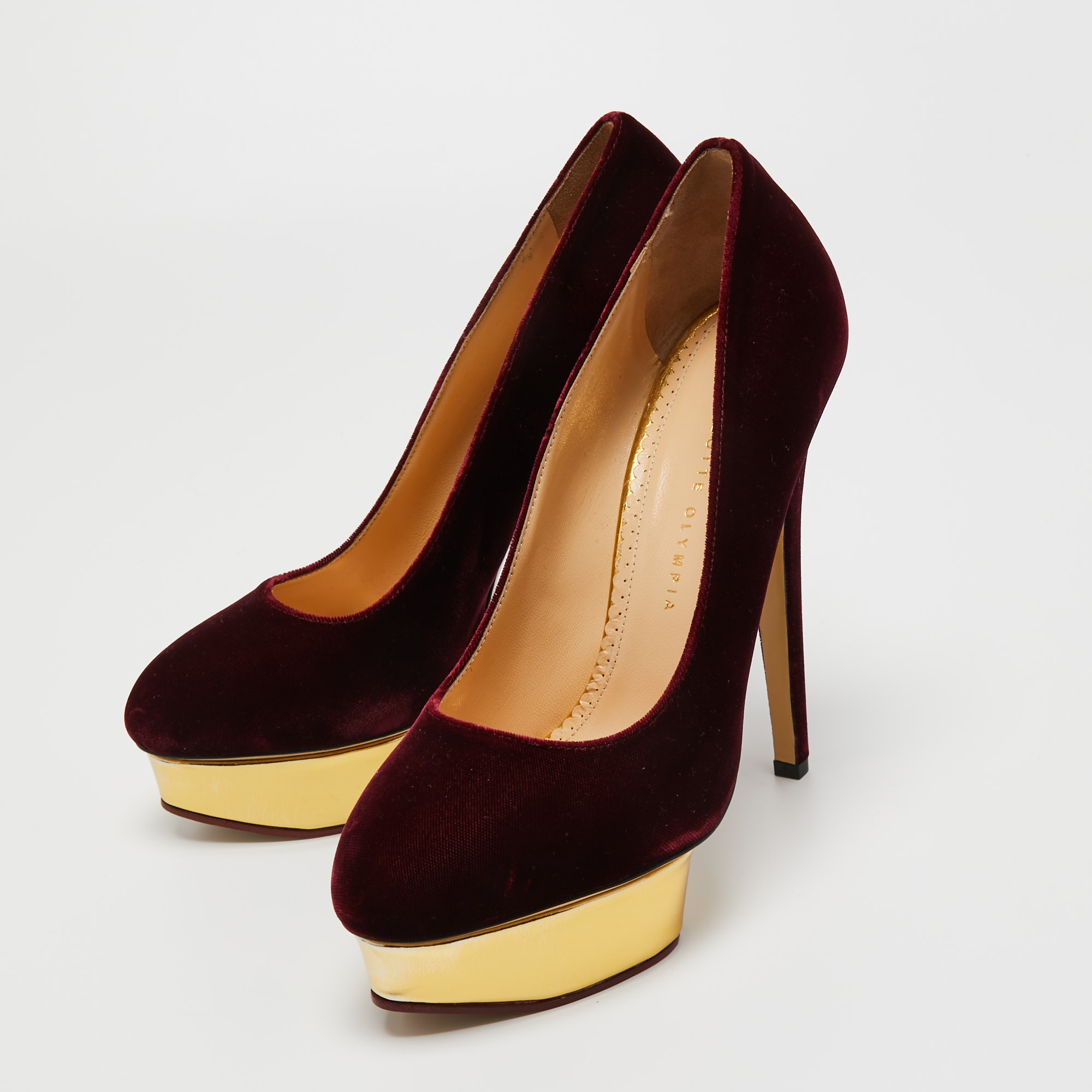 

Charlotte Olympia Burgundy Velvet Dolly Platform Pumps Size