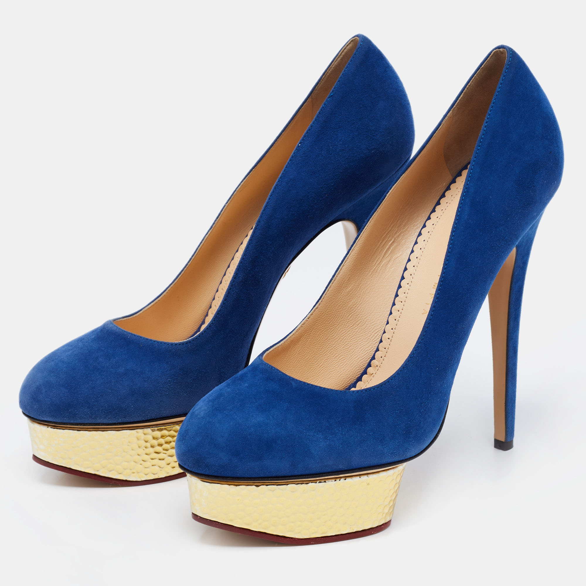 

Charlotte Olympia Blue Suede Dolly Platform Pumps Size