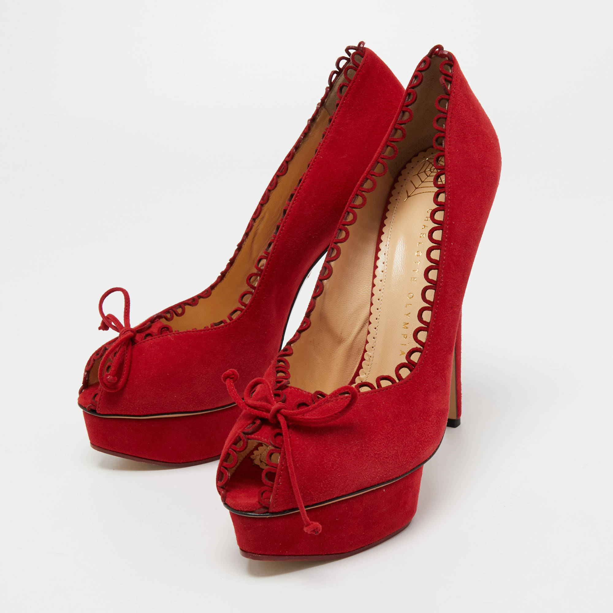 

Charlotte Olympia Red Scalloped Suede Daphne Pumps Size