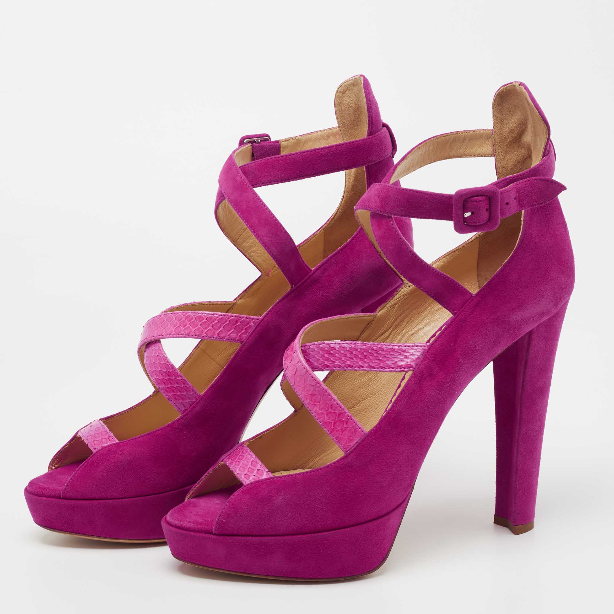 

Charlotte Olympia Fuchsia Suede and Snakeskin Gladys Sandals Size, Pink