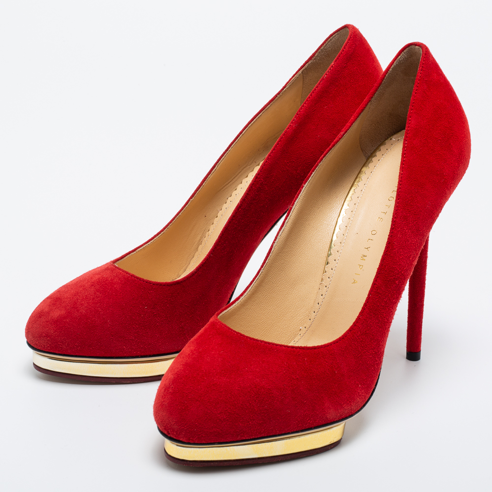 

Charlotte Olympia Red Suede Dotty Pumps Size