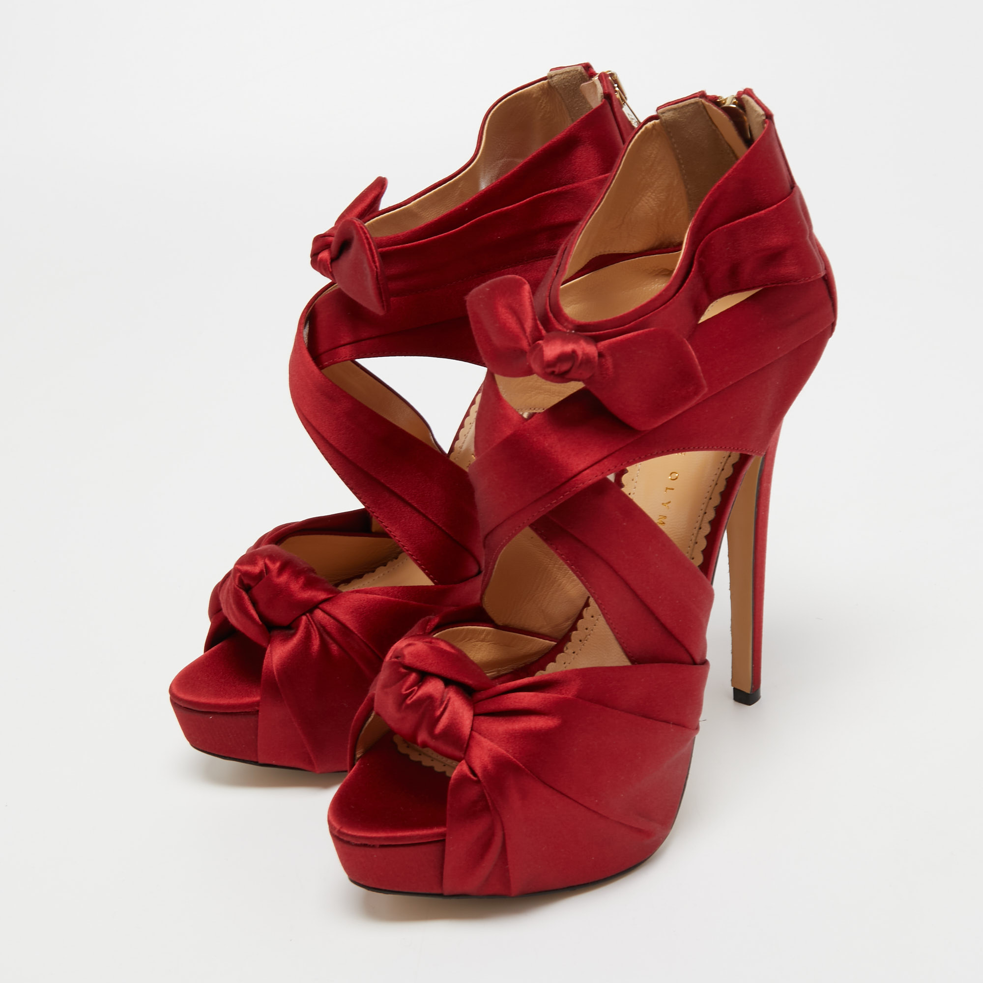 

Charlotte Olympia Red Satin Knotted Andrea Platform Ankle Strap Sandals Size