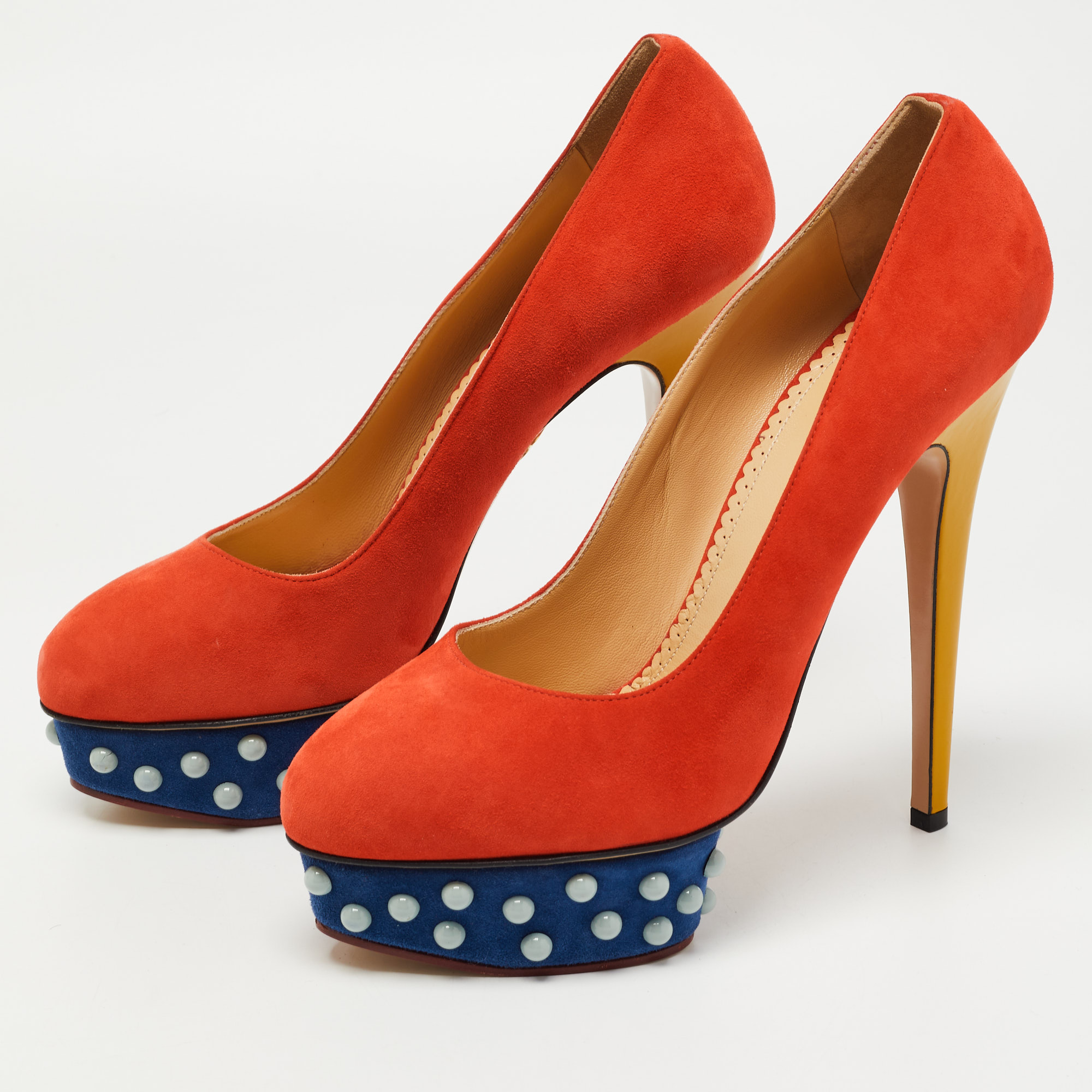 

Charlotte Olympia Multicolor Suede Dolly Platform Pumps Size